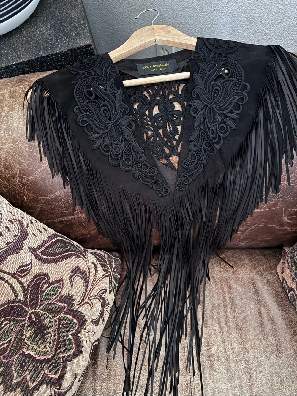 Pat Dahnke Black Fringe Embroidered Lace Women's Collar- Stylish Layering Piece